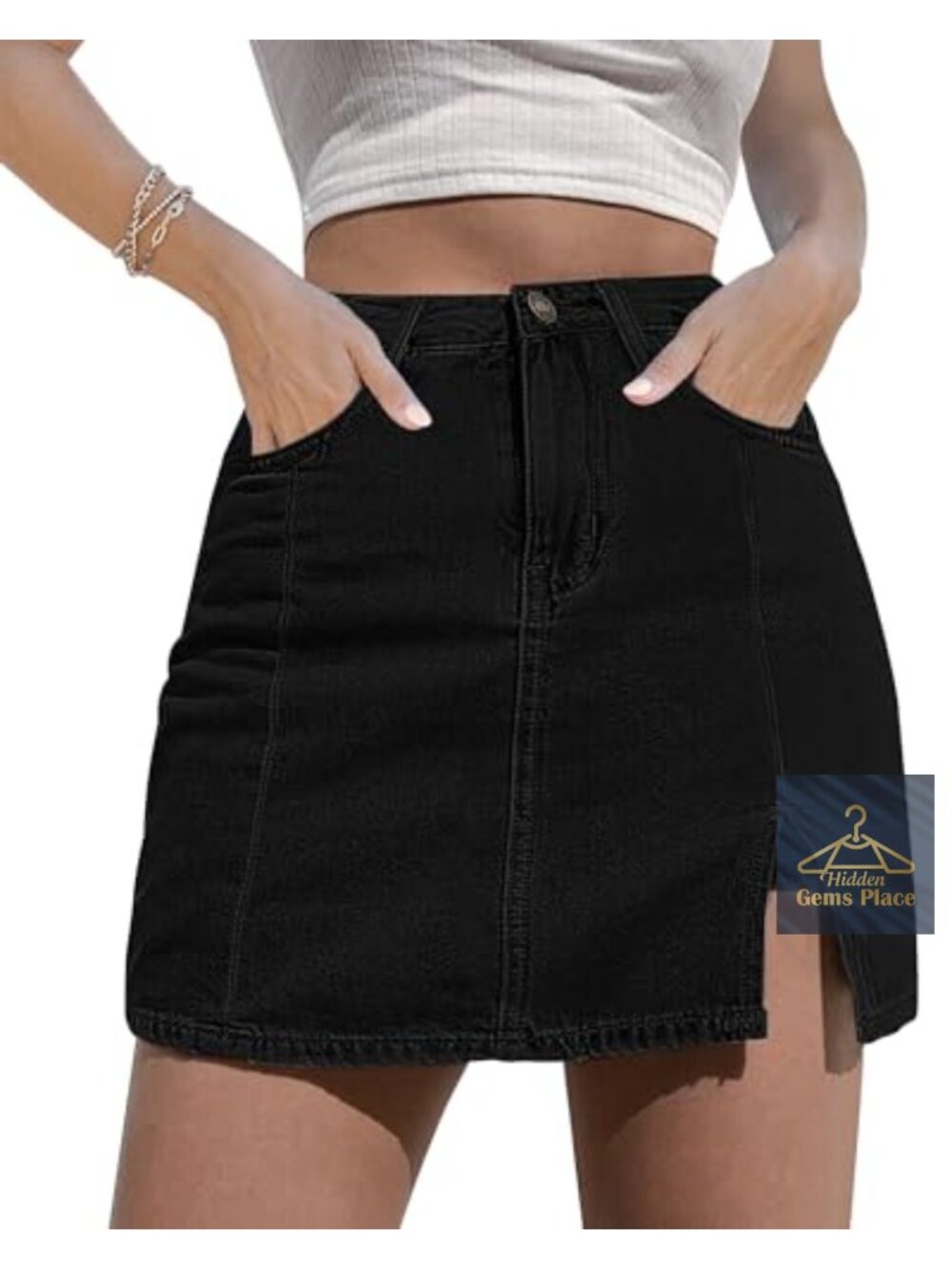 High Waisted Stretchy Denim Skort with Side Slit and Pockets